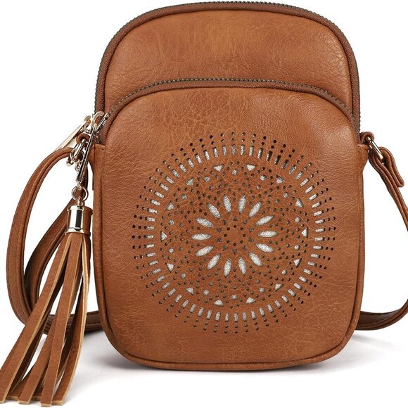 Small Crossbody Bag Faux Leather Boho Style with Tassel and Triple Zips - Picture 1 of 7